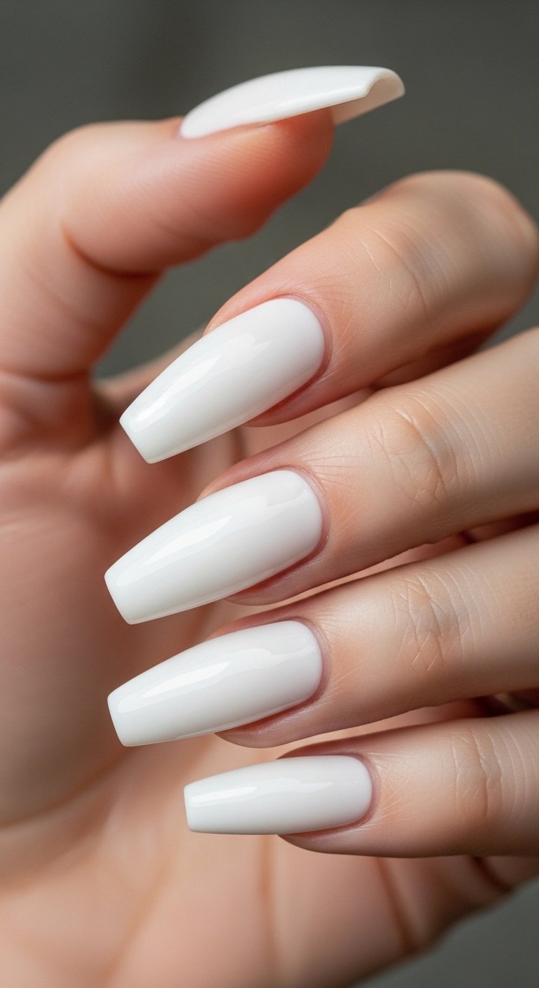 Milky White Coffin Nails