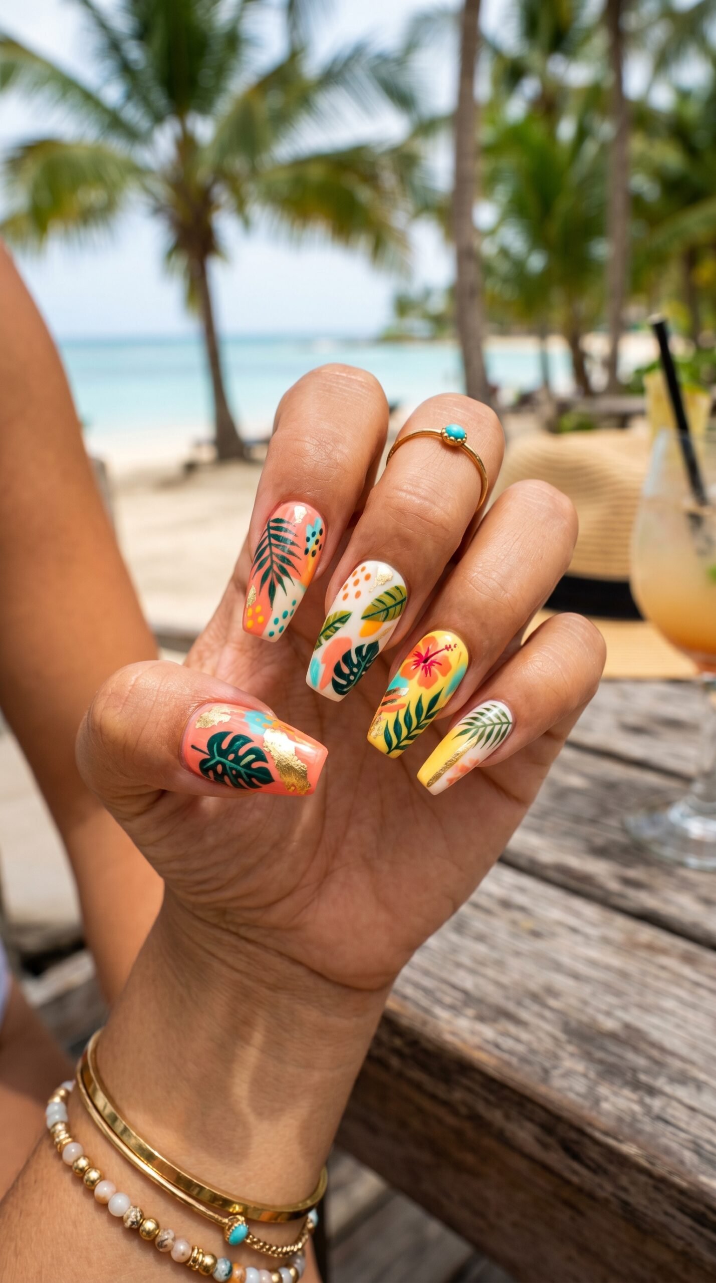 Tropical leaf nail art