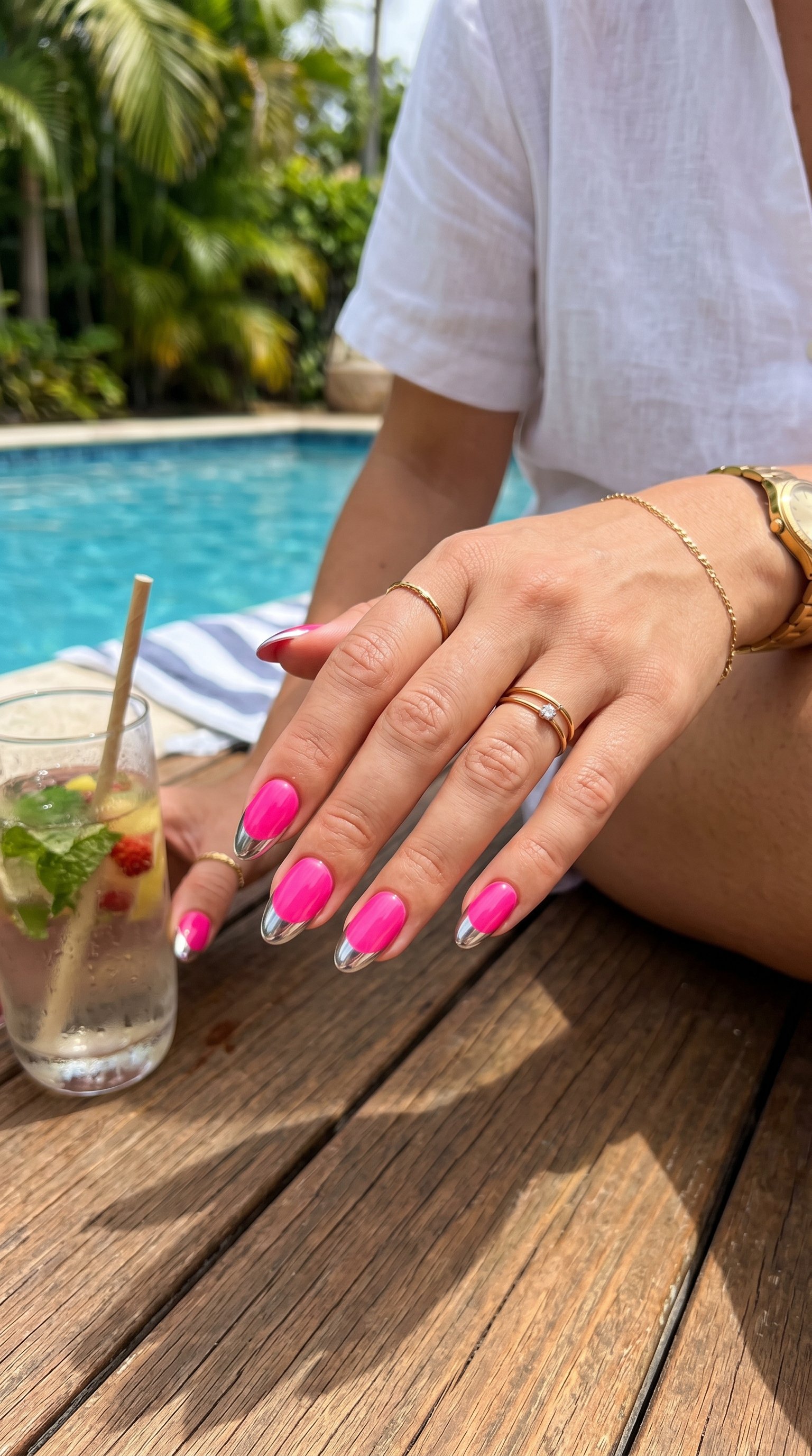 Hot Pink Nails with Chrome Tips