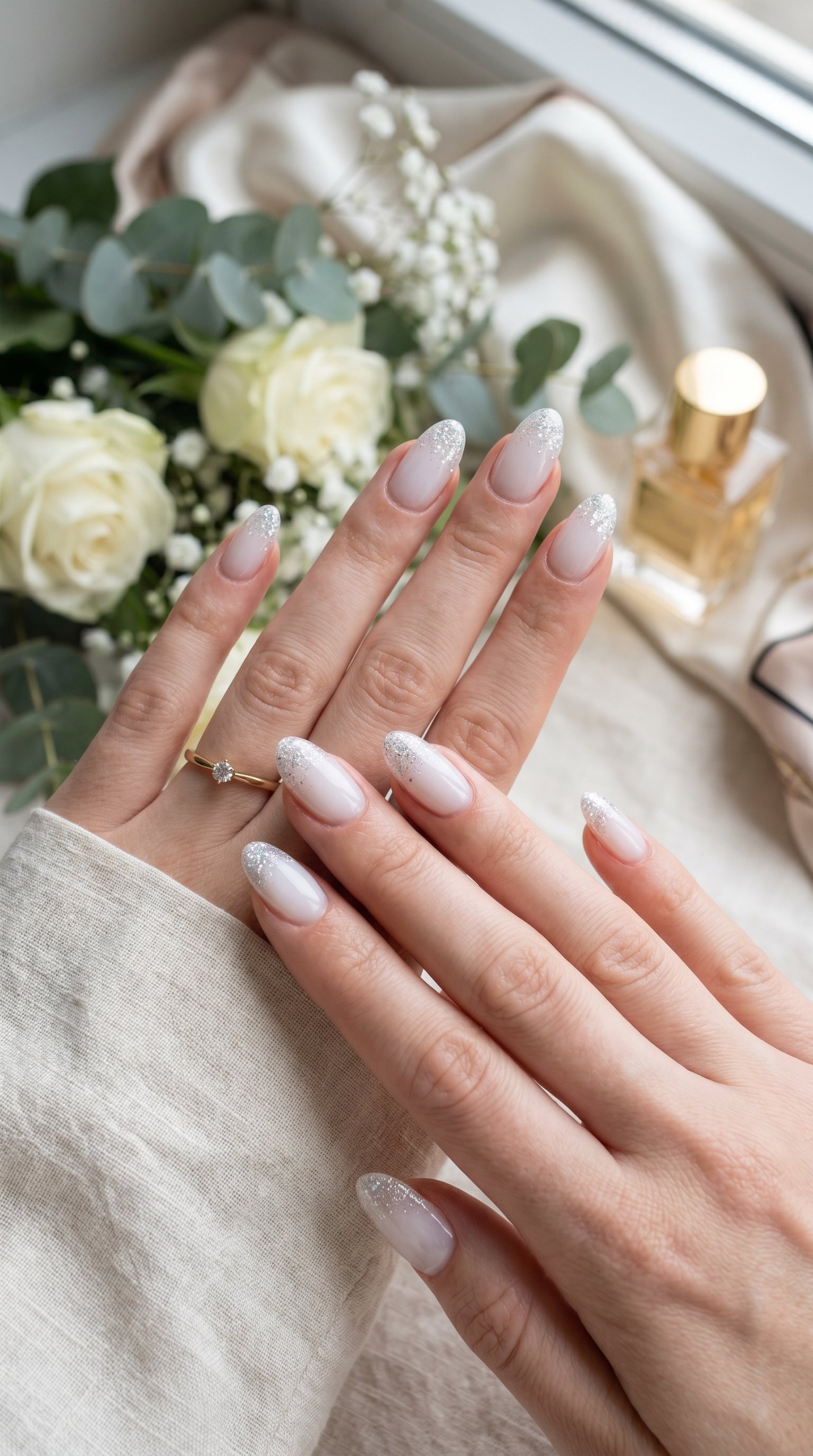 Milky white nails with glitter